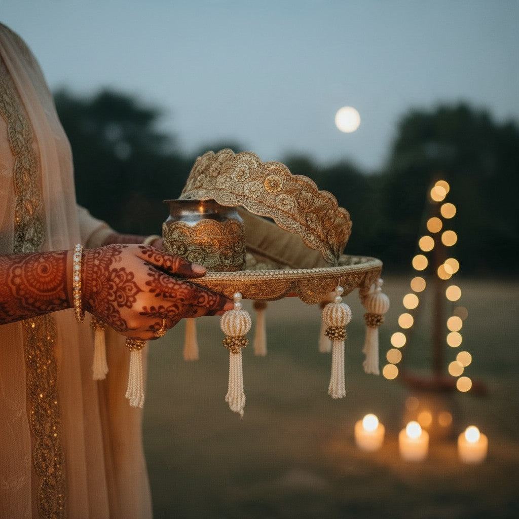 Classic Elegance orange and gold Karwa Chauth thali held at moonrise for the chhalni ritual - Divine Sansar
