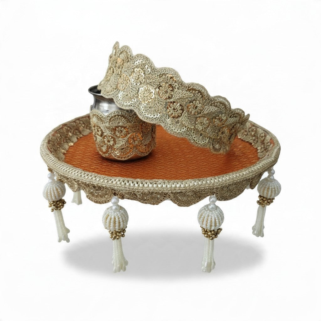 Classic Elegance orange and gold Karwa Chauth thali set with gold zari lace chhalni, kalash and pearl tassels - Divine Sansar UAE