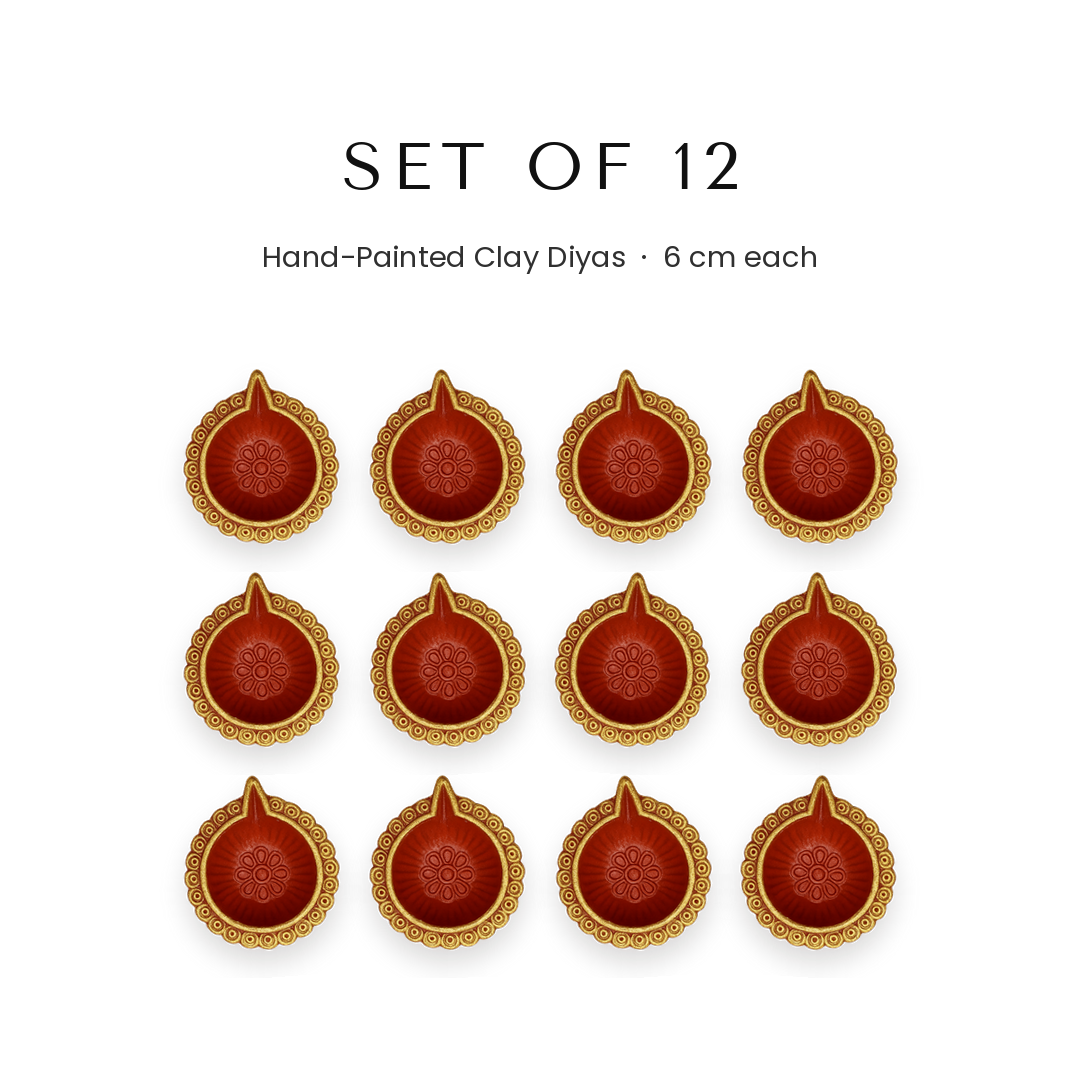 Set of 12 hand-painted 6cm clay diyas for Diwali in UAE - Divine Sansar