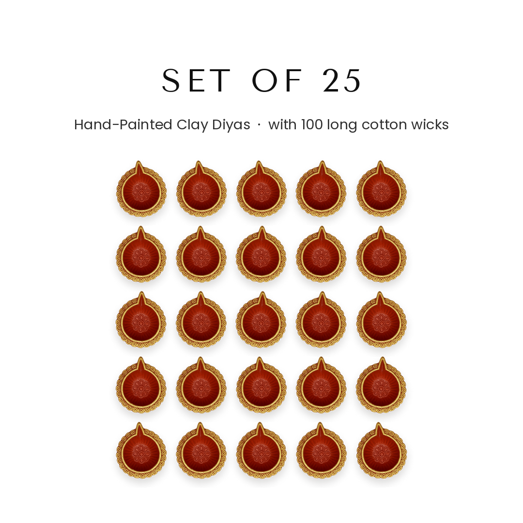 Set of 25 hand-painted clay diyas with 100 cotton wicks for Diwali in UAE - Divine Sansar