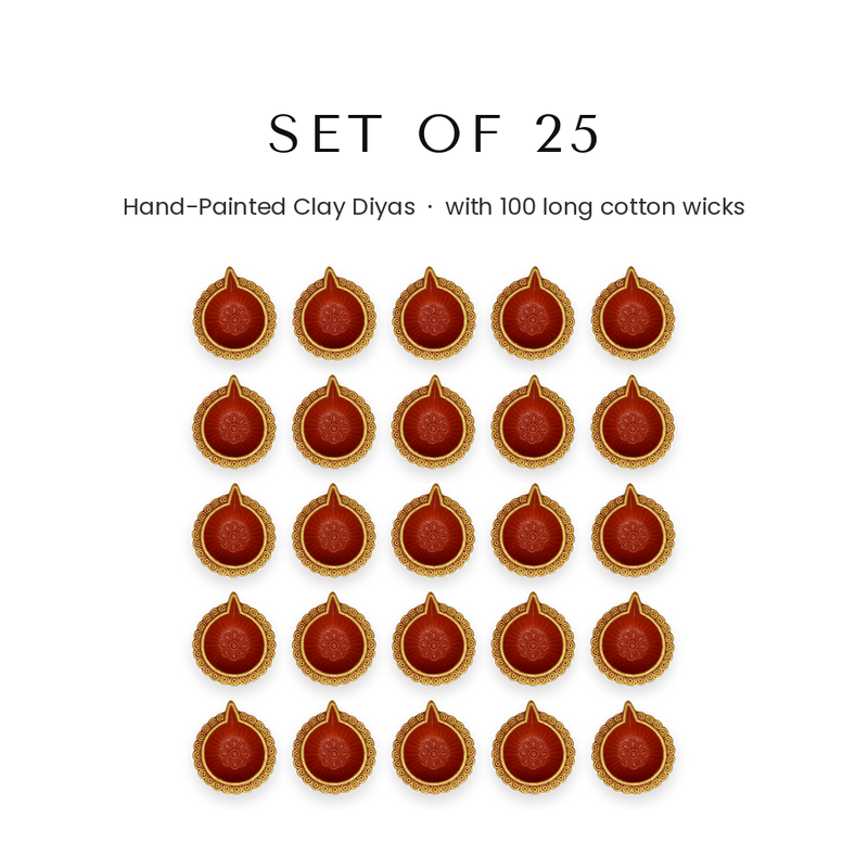 Set of 25 hand-painted clay diyas with 100 cotton wicks for Diwali in UAE - Divine Sansar