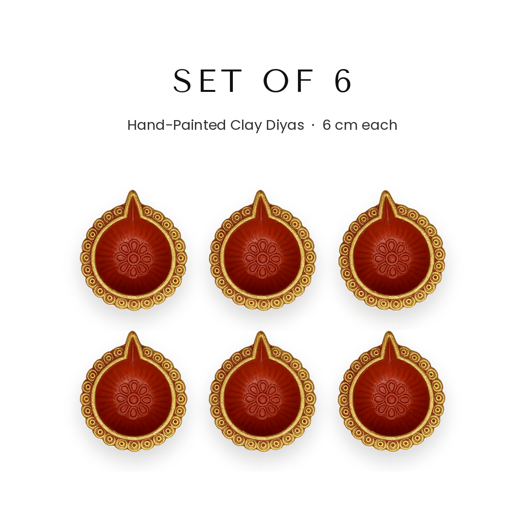 Set of 6 hand-painted 6cm clay diyas for Diwali in UAE - Divine Sansar