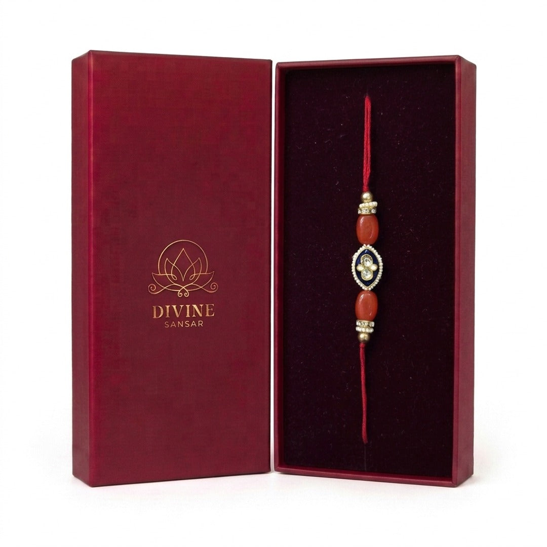 Coral meenakari kundan rakhi in maroon gift box - Divine Sansar