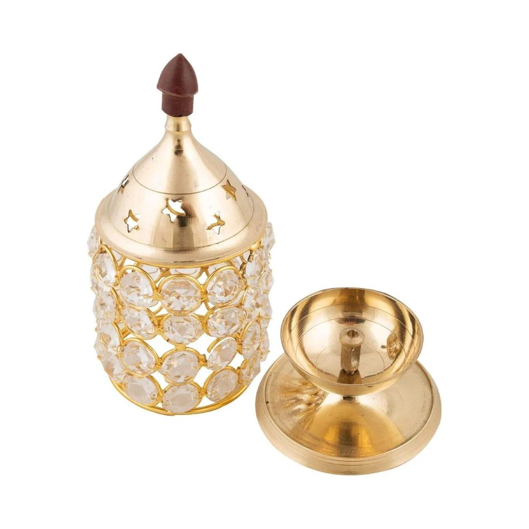 Crystal Diya opened showing brass oil cup and wick holder - Divine Sansar