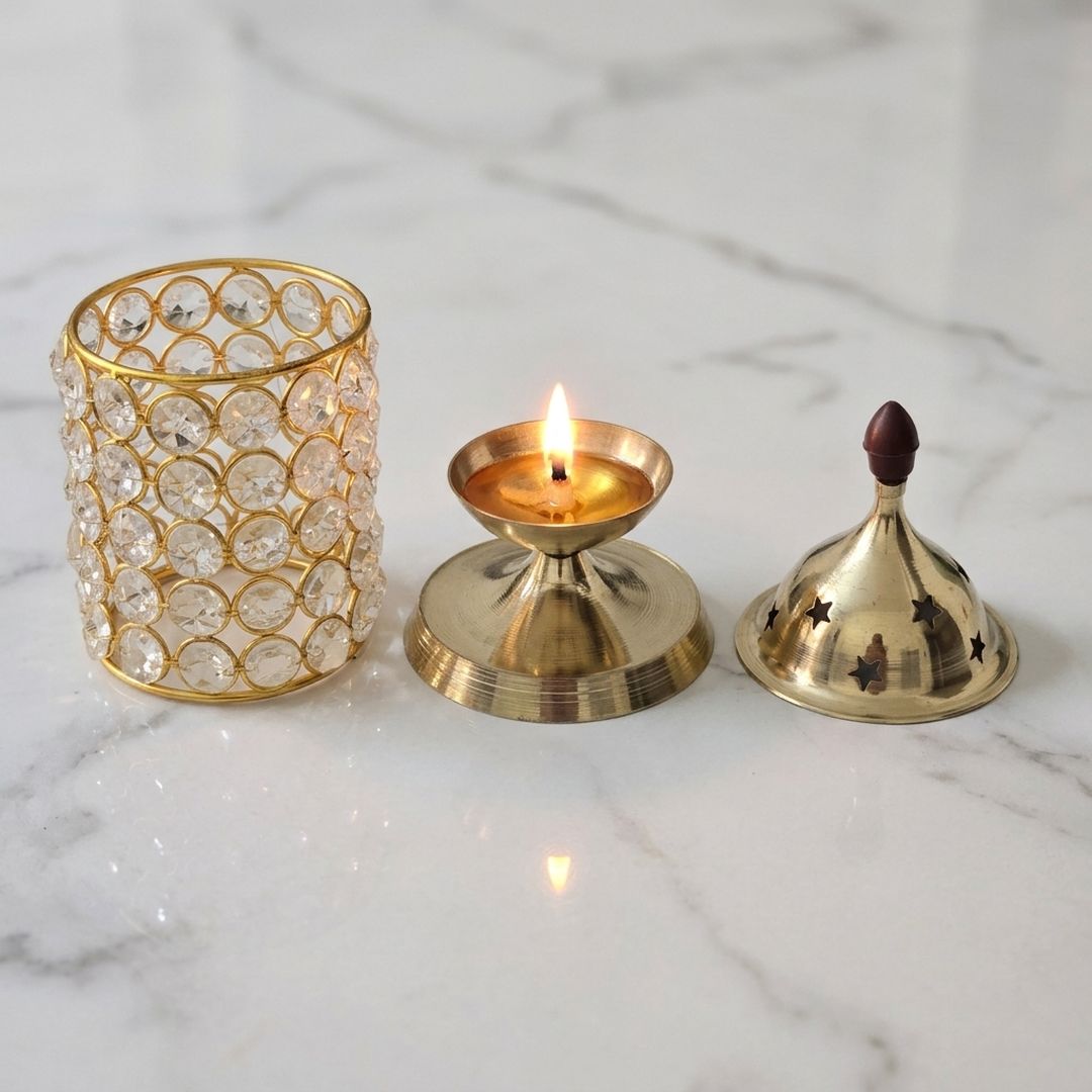 Crystal Diya parts with lit oil cup and star dome lid - Divine Sansar