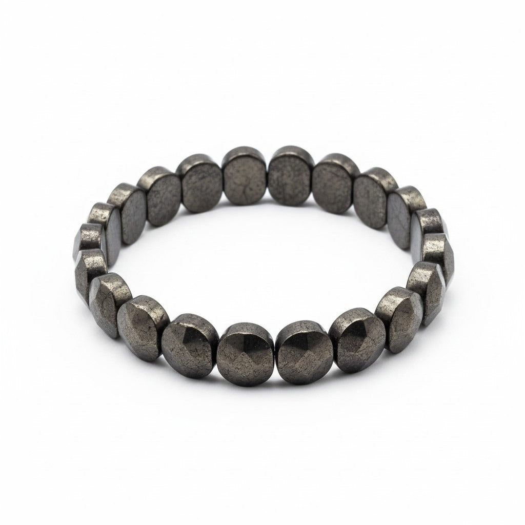 Top view of flat pyrite stretch bracelet money magnet - Divine Sansar