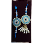 Turquoise beaded evil eye rakhi and lumba set close up Divine Sansar