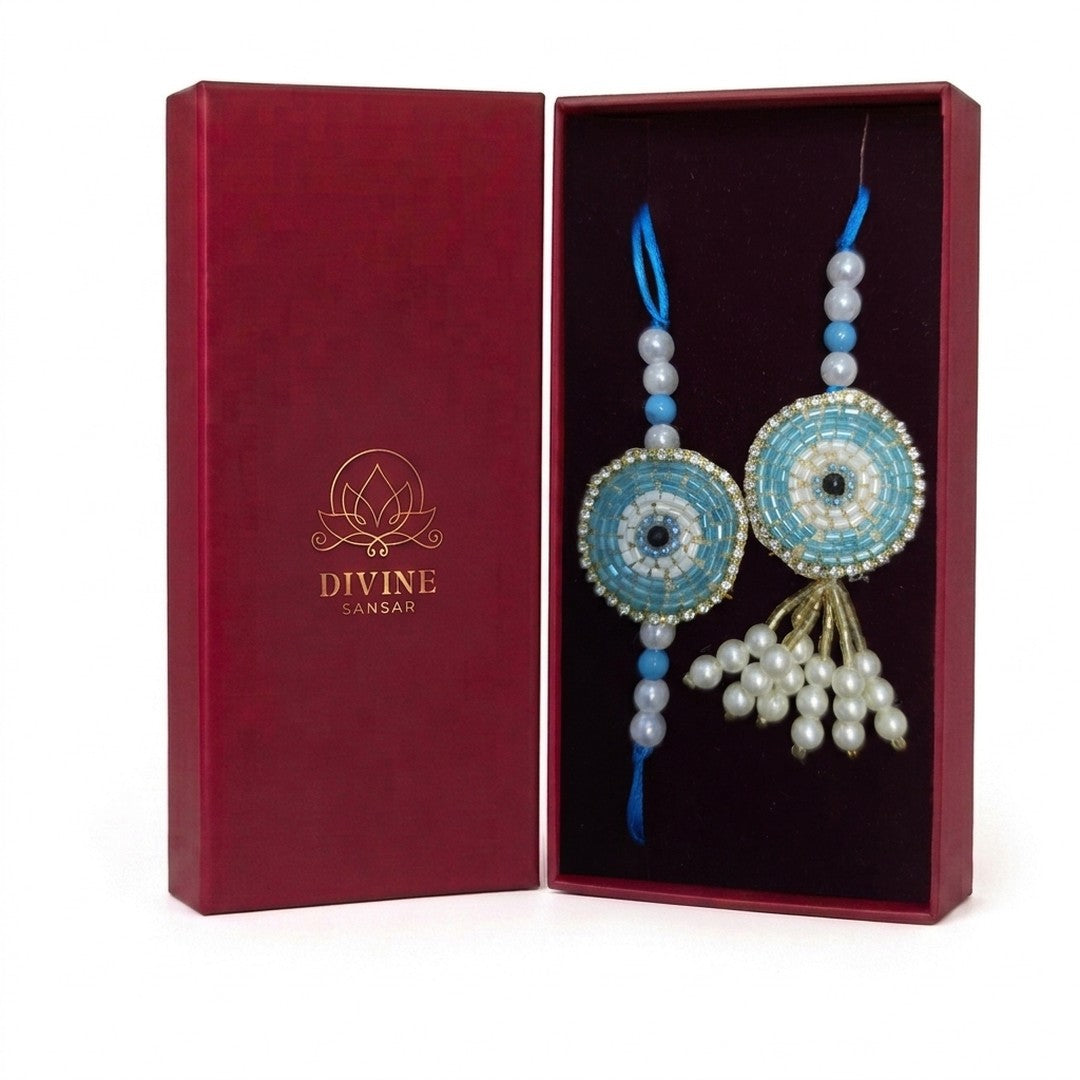 Drishti Jodi Firoza turquoise evil eye bhaiya bhabhi rakhi set in Divine Sansar gift box