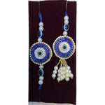 Sapphire beaded evil eye rakhi and lumba set close up Divine Sansar