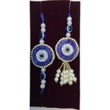 Sapphire beaded evil eye rakhi and lumba set close up Divine Sansar