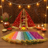 Mata ki chunni set of 10 colours, red net chunri with gold gota border draped on a brass murti with kalash and diyas - Divine Sansar