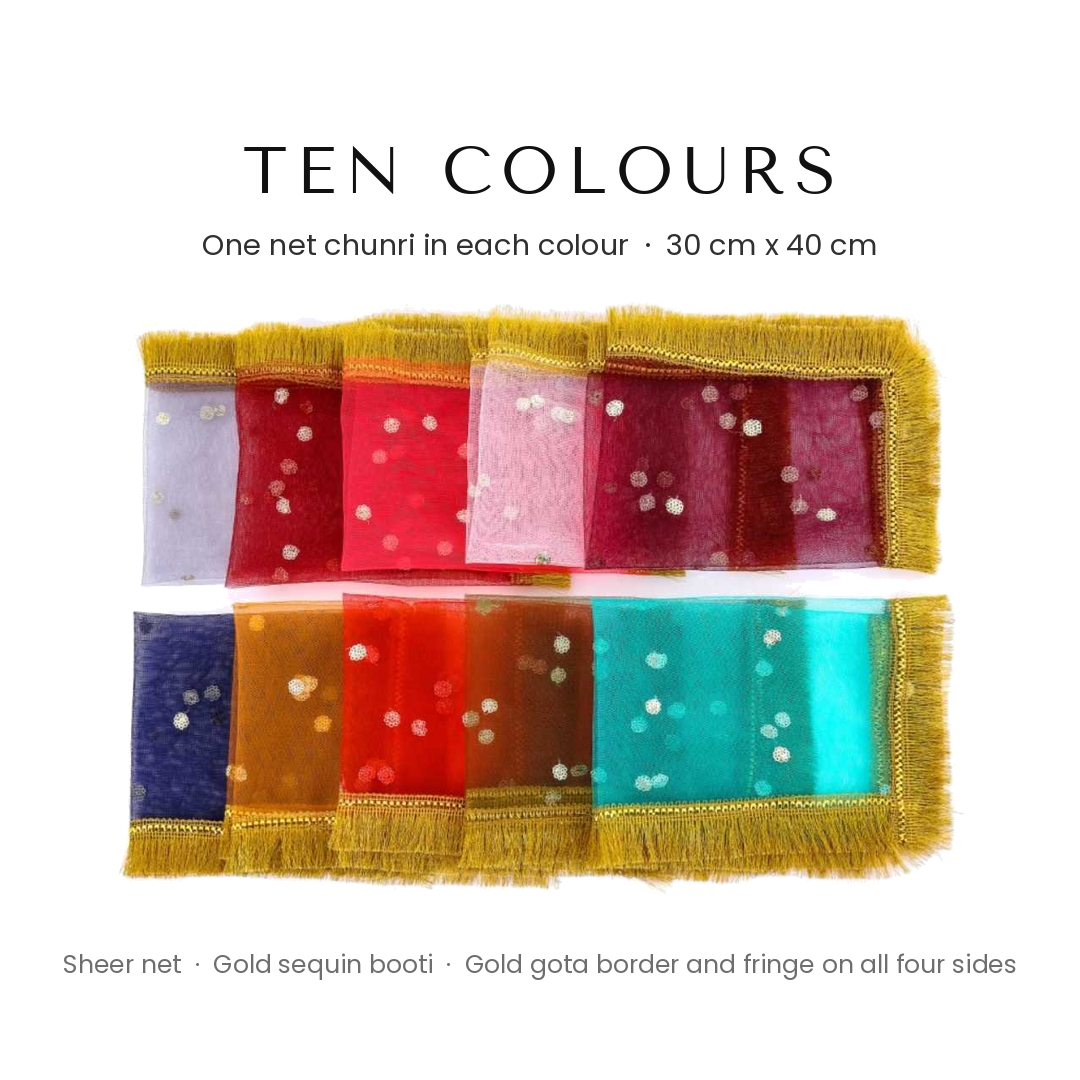 All ten mata ki chunni colours laid flat, sheer net with gold sequin booti and gold gota border and fringe on all four sides - Divine Sansar