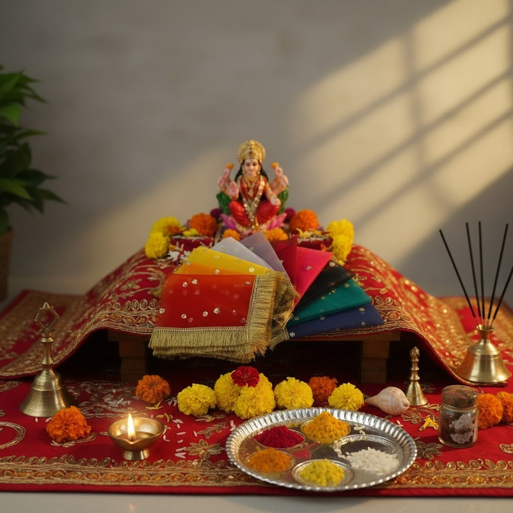 Mata ki chunni set of 10 on a Navratri chowki before a Devi murti with diya, bells and kumkum thali - Divine Sansar UAE