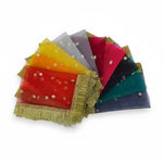 Mata ki chunni set of 10 fanned out, sheer net chunris in ten colours with gold sequin booti and gold fringe - Divine Sansar