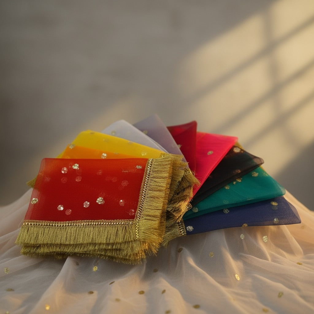 Sheer net mata ki chunnis in soft sunlight showing gold gota fringe and sequin booti - Divine Sansar