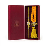 Golden kundan bhaiya bhabhi rakhi and lumba set in maroon gift box - Divine Sansar