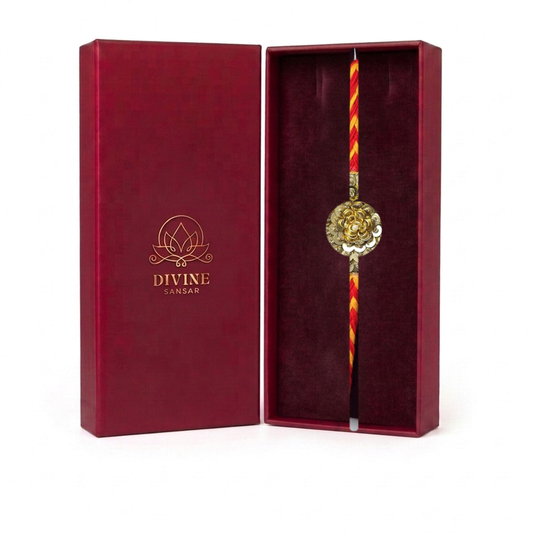 Golden lotus gota sequin rakhi in maroon gift box - Divine Sansar