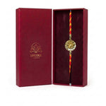 Golden lotus gota sequin rakhi in maroon gift box - Divine Sansar