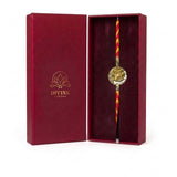 Golden lotus gota sequin rakhi in maroon gift box - Divine Sansar