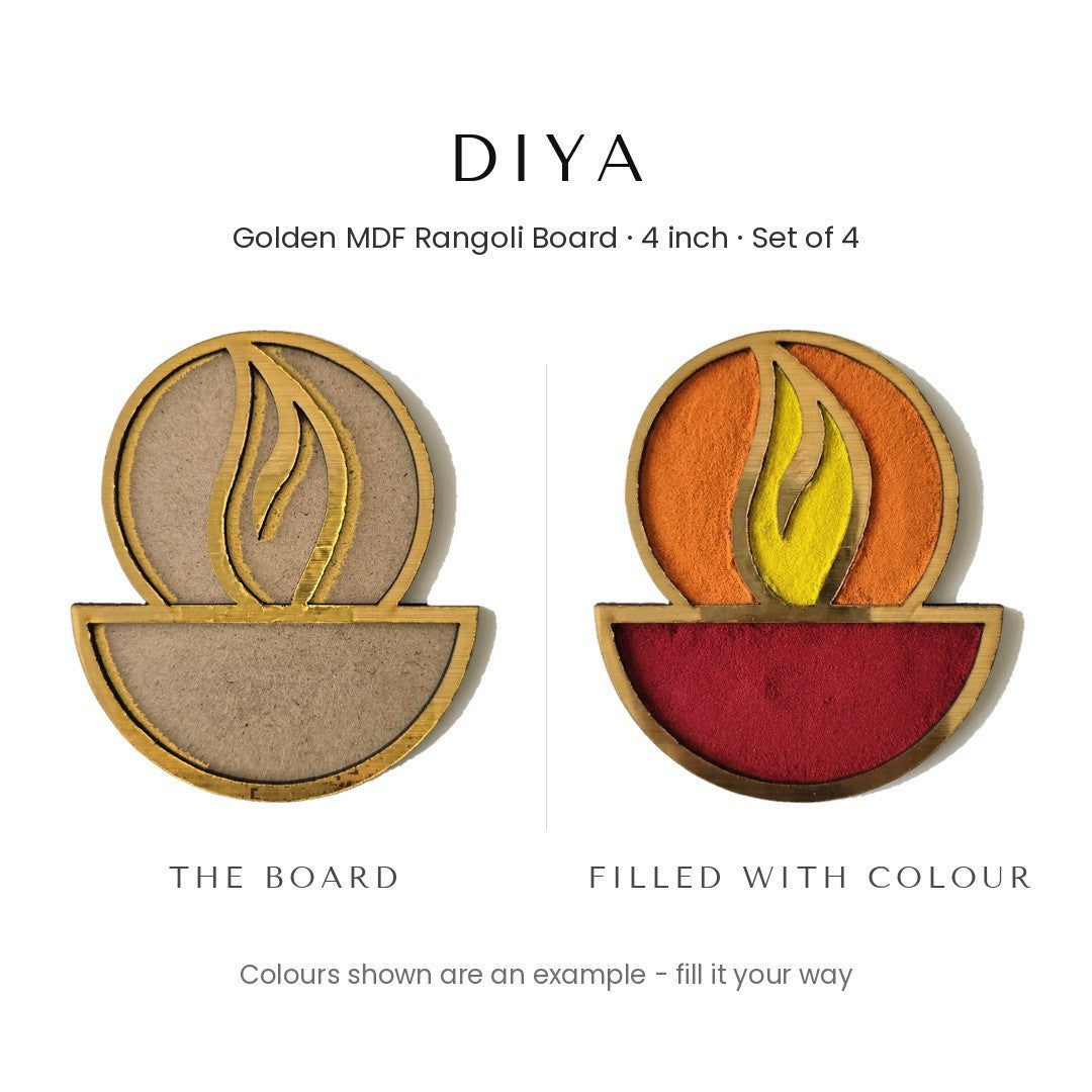 Diya golden rangoli board before and after filling with colour - Divine Sansar