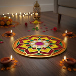 Ashtdal Kamal 12 inch golden rangoli board filled with colour in a Dubai home for Diwali - Divine Sansar