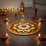 Ashtdal Kamal 12 inch golden rangoli board filled with colour in a Dubai home for Diwali - Divine Sansar