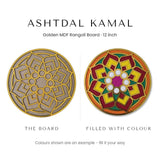 Ashtdal Kamal golden rangoli board before and after filling with colour - Divine Sansar