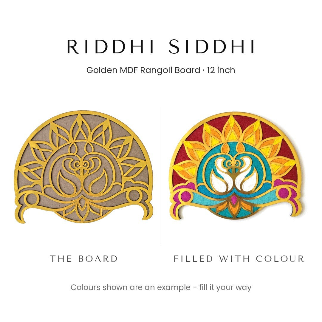 Riddhi Siddhi golden rangoli board before and after filling with colour - Divine Sansar