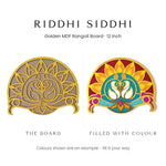 Riddhi Siddhi golden rangoli board before and after filling with colour - Divine Sansar