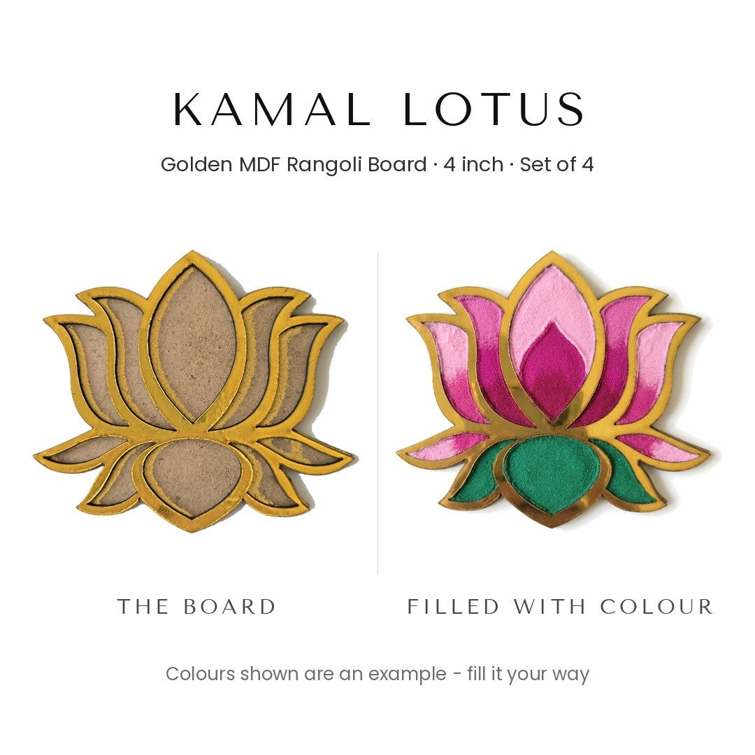 Kamal Lotus golden rangoli board before and after filling with colour - Divine Sansar