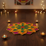 Floral Pookkalam 12 inch golden rangoli board filled with colour in a Dubai home for Diwali - Divine Sansar