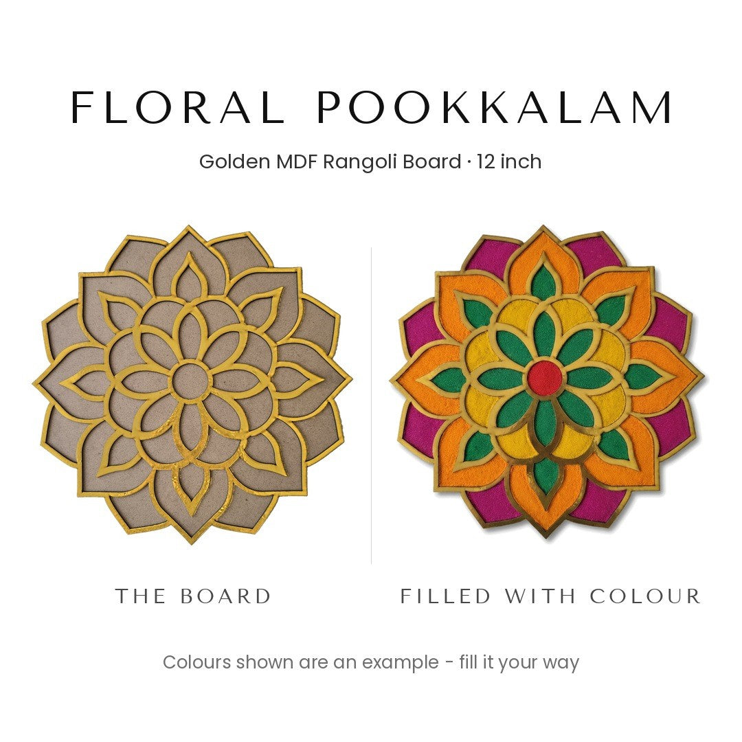 Floral Pookkalam golden rangoli board before and after filling with colour - Divine Sansar