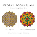 Floral Pookkalam golden rangoli board before and after filling with colour - Divine Sansar