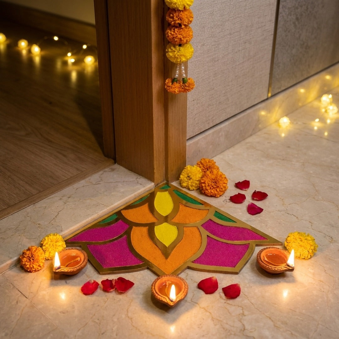 Aishwarya Kolam 12 inch golden corner rangoli board at a Dubai home doorway for Diwali - Divine Sansar