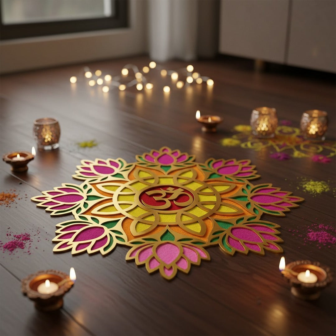 Bramham Mandala 12 inch golden rangoli board filled with colour in a Dubai home for Diwali - Divine Sansar