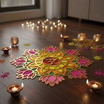Bramham Mandala 12 inch golden rangoli board filled with colour in a Dubai home for Diwali - Divine Sansar