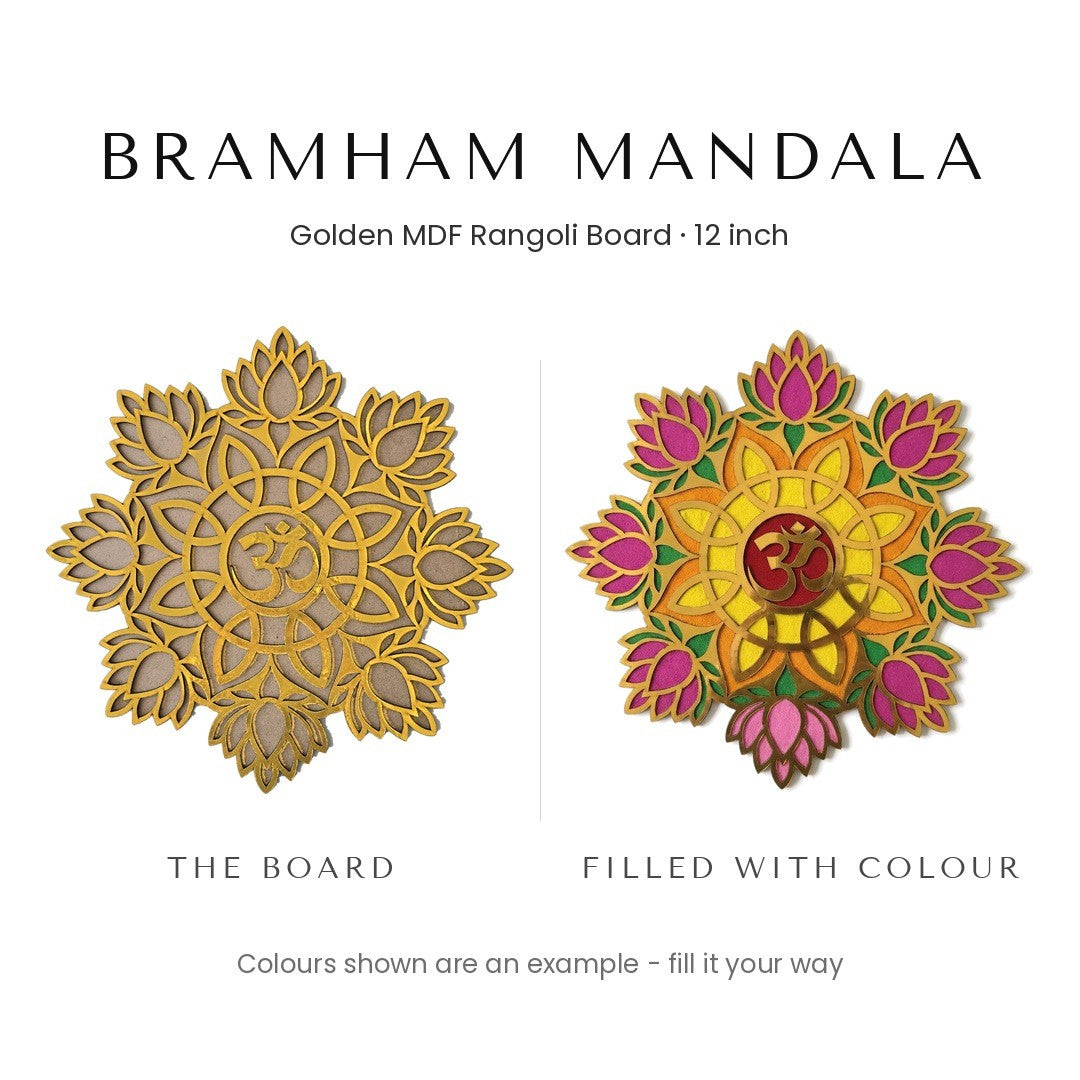 Bramham Mandala golden rangoli board before and after filling with colour - Divine Sansar