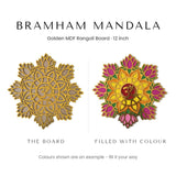 Bramham Mandala golden rangoli board before and after filling with colour - Divine Sansar