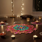 Ashtlaxmi Mandala 12 inch golden rangoli board filled with colour in a Dubai home for Diwali - Divine Sansar
