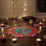 Ashtlaxmi Mandala 12 inch golden rangoli board filled with colour in a Dubai home for Diwali - Divine Sansar