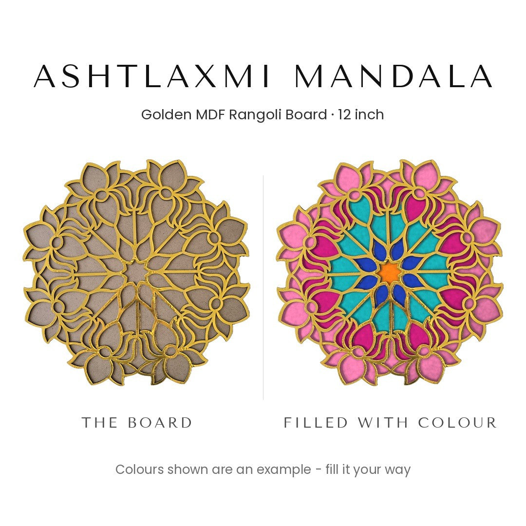 Ashtlaxmi Mandala golden rangoli board before and after filling with colour - Divine Sansar