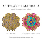 Ashtlaxmi Mandala golden rangoli board before and after filling with colour - Divine Sansar