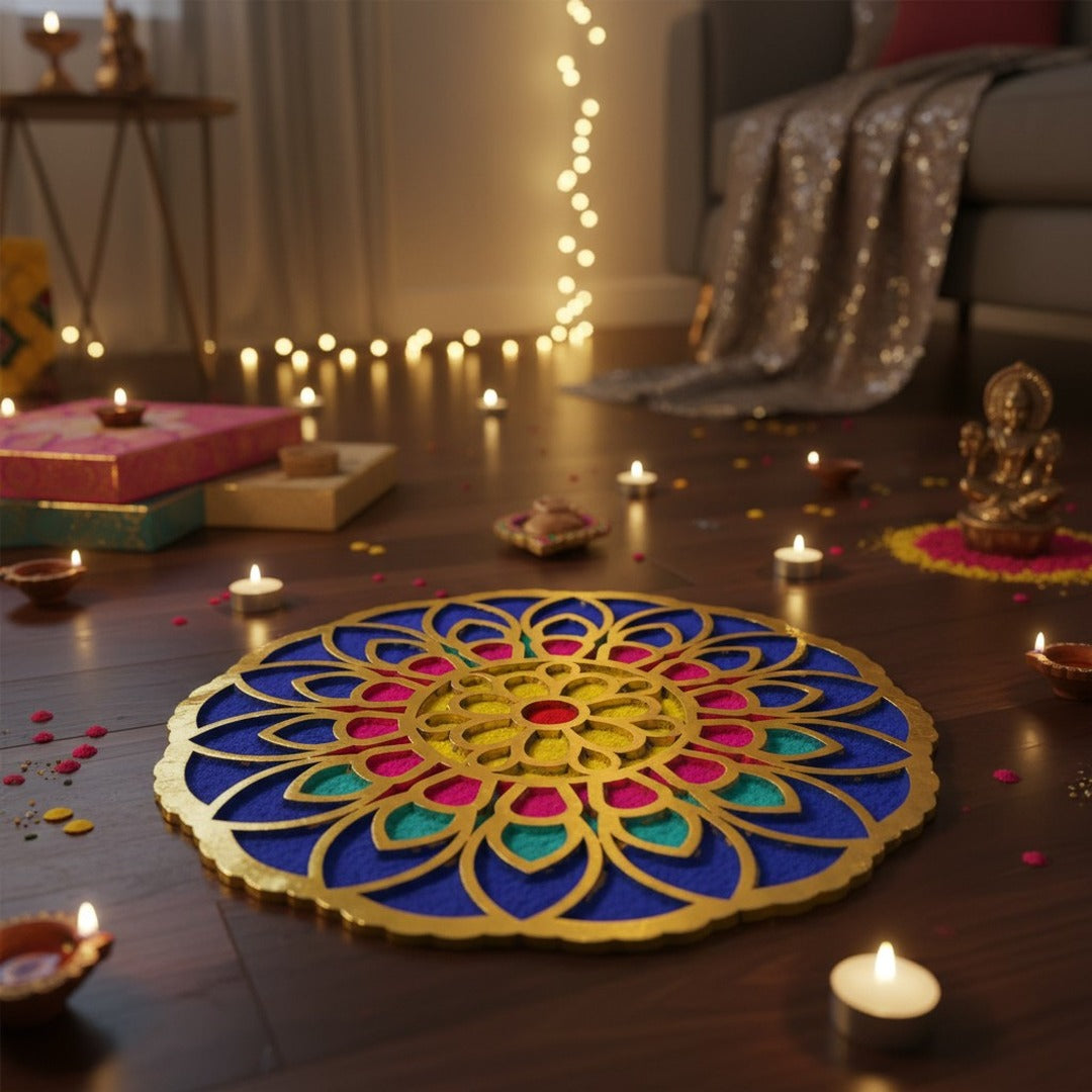 Kuber Mandala 12 inch golden rangoli board filled with colour in a Dubai home for Diwali - Divine Sansar