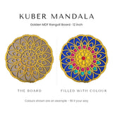 Kuber Mandala golden rangoli board before and after filling with colour - Divine Sansar