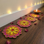 Set of 4 Phool Flower 4 inch golden rangoli pieces laid along the wall in a Dubai home for Diwali - Divine Sansar
