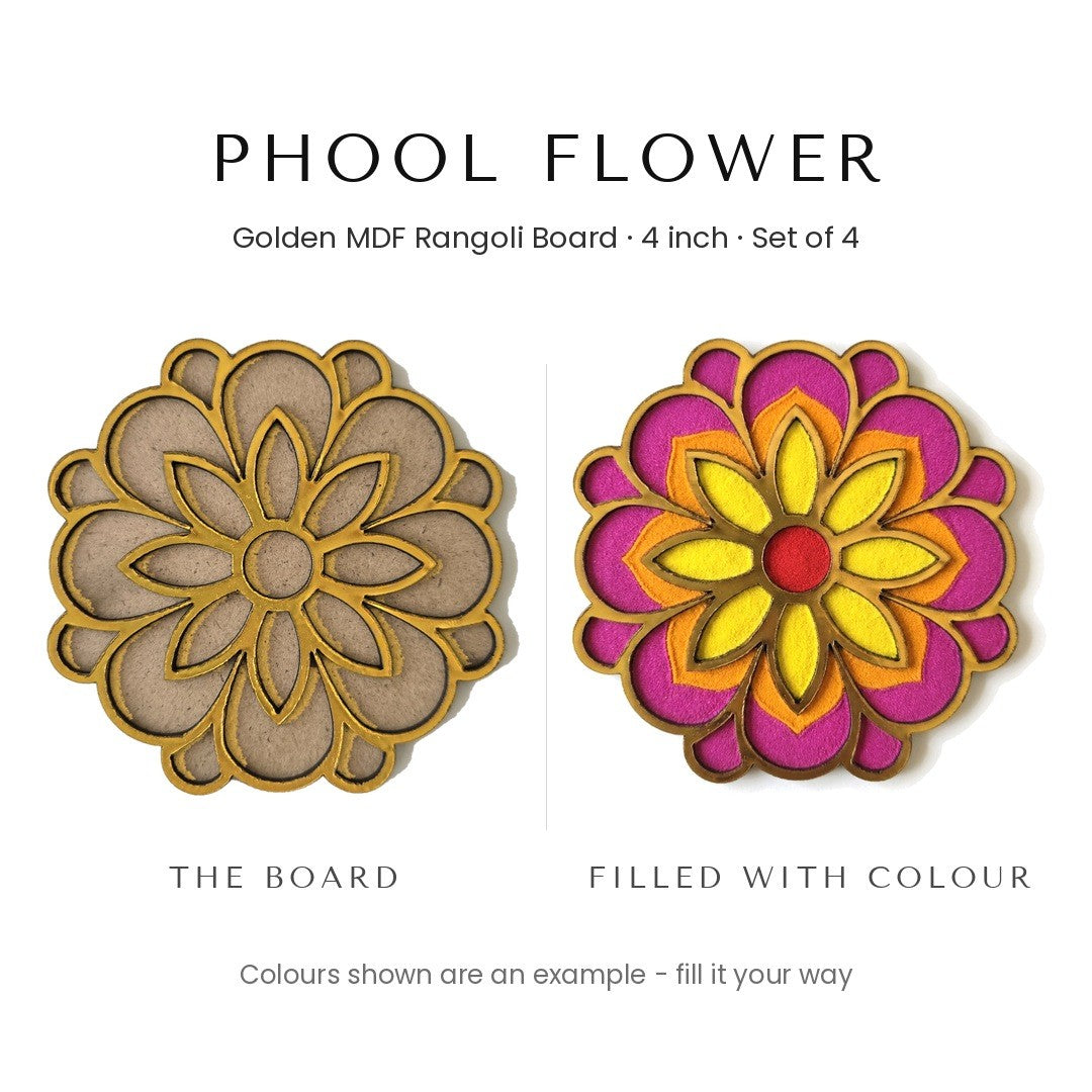 Phool Flower golden rangoli board before and after filling with colour - Divine Sansar