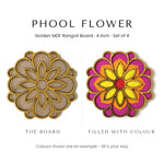 Phool Flower golden rangoli board before and after filling with colour - Divine Sansar