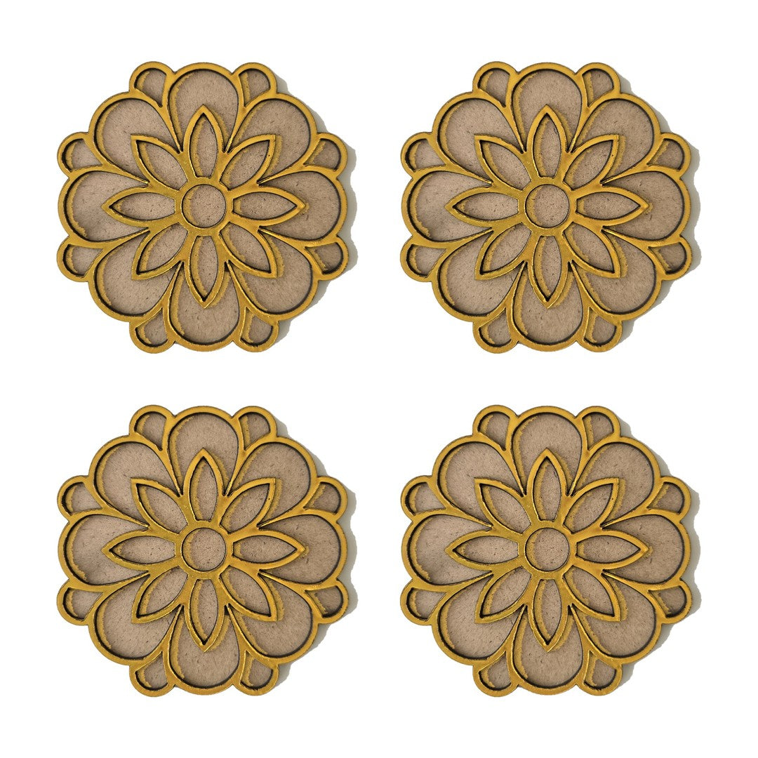Set of 4 Phool Flower golden MDF rangoli pieces 4 inch - Divine Sansar