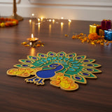 Royal Peacock 12 inch golden rangoli board filled with colour in a Dubai home for Diwali - Divine Sansar
