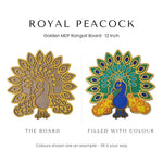 Royal Peacock golden rangoli board before and after filling with colour - Divine Sansar